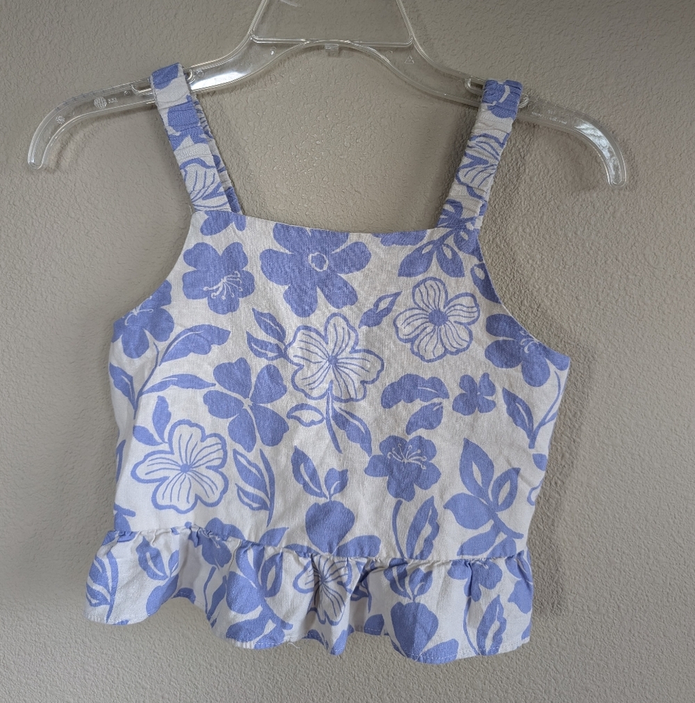 Zara Purple and Off White Floral Kids Tank Top With Ruching On The Back
